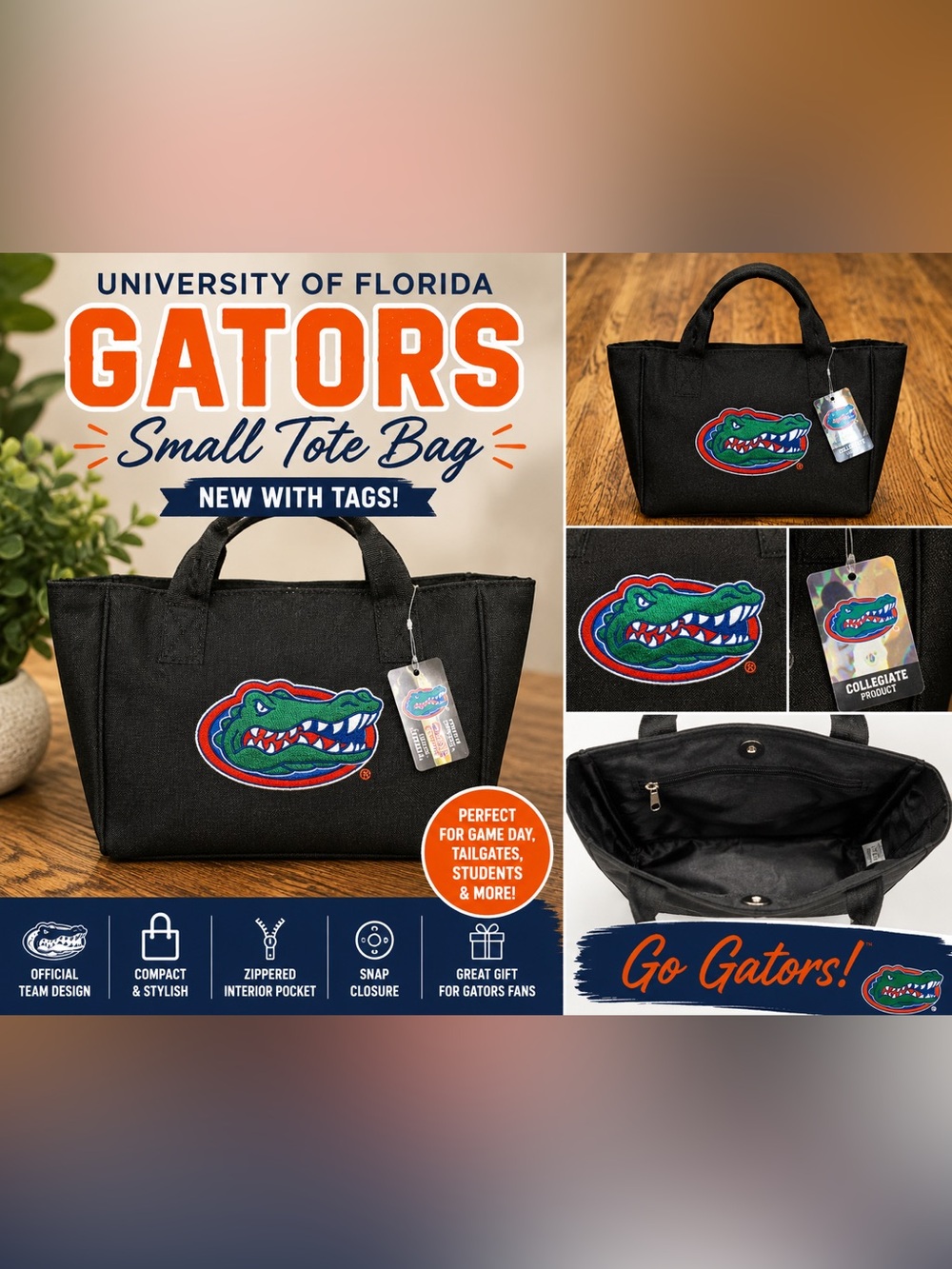 University of Florida Gators Black Mini Tote Bag with Croc Logo NWT